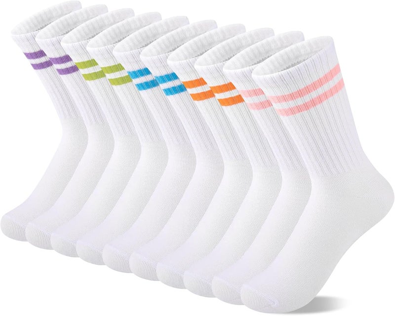Comfoex 10 Pairs Girls Crew Cotton Socks Athletic Calf Striped Soft Casual Socks For Kids 4-6 6-8 8-10 Years Old - Image 1